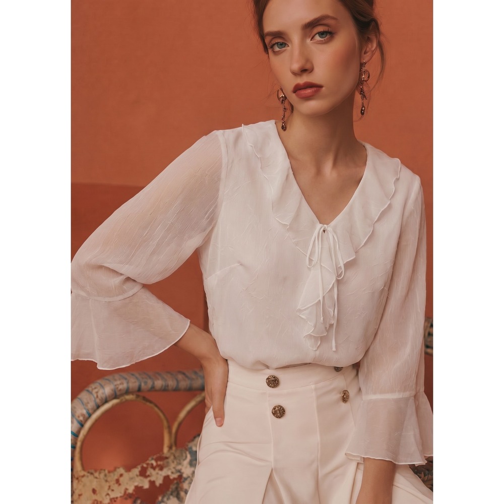 Dressbarn Women's Medium White 3/4 Sleeve Ruffle Blouse Career Work Top